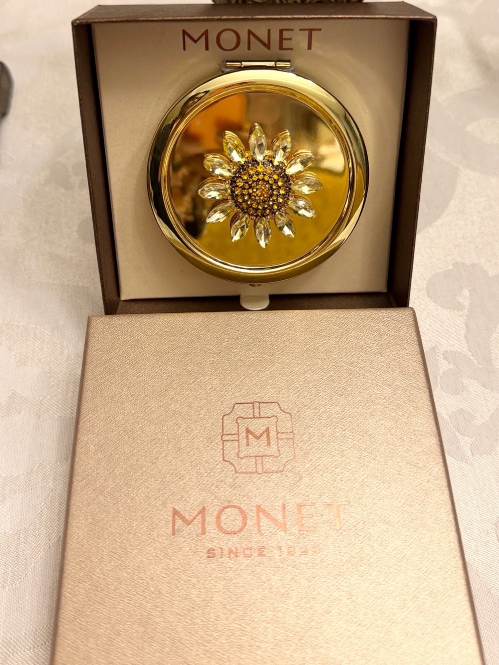 Monet Gold Floral Sunflower Jeweled Compact Mirror - Picture 2 of 7